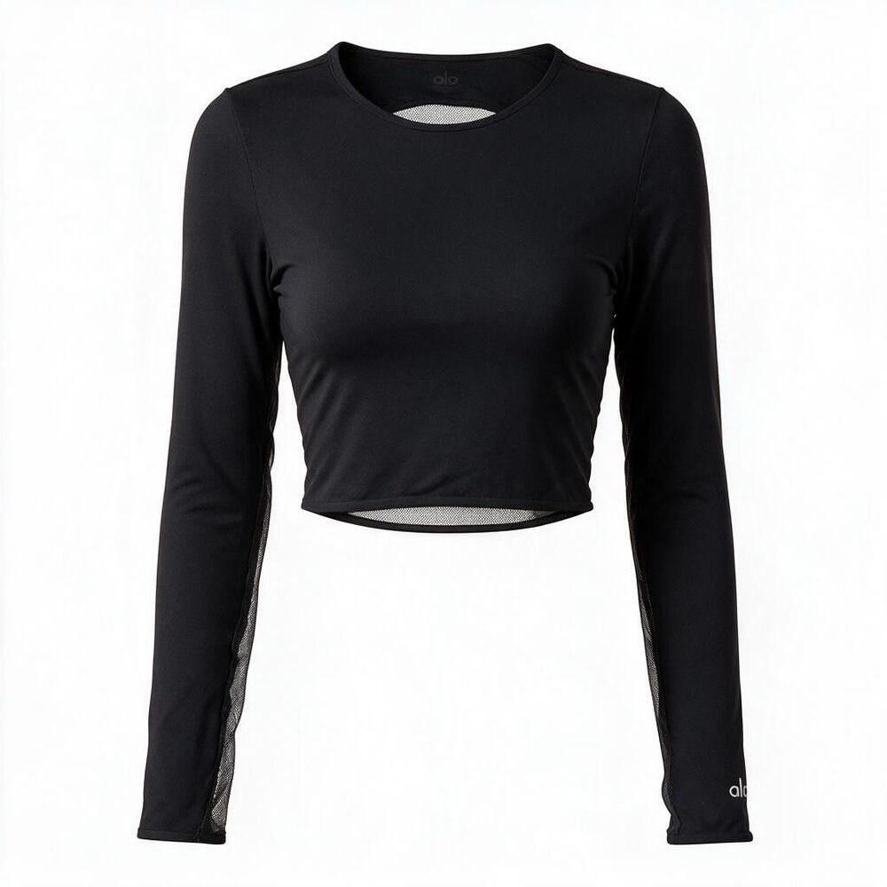 Alo Yoga Women Black Mesh Trim Long Sleeve Crop Top Workout Gym Minimalist Sz M